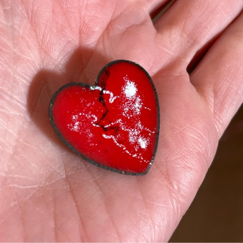 Vintage 1960 70 MCM modernist  Red Enamel Broken Heart copper Goth Brooch Pin